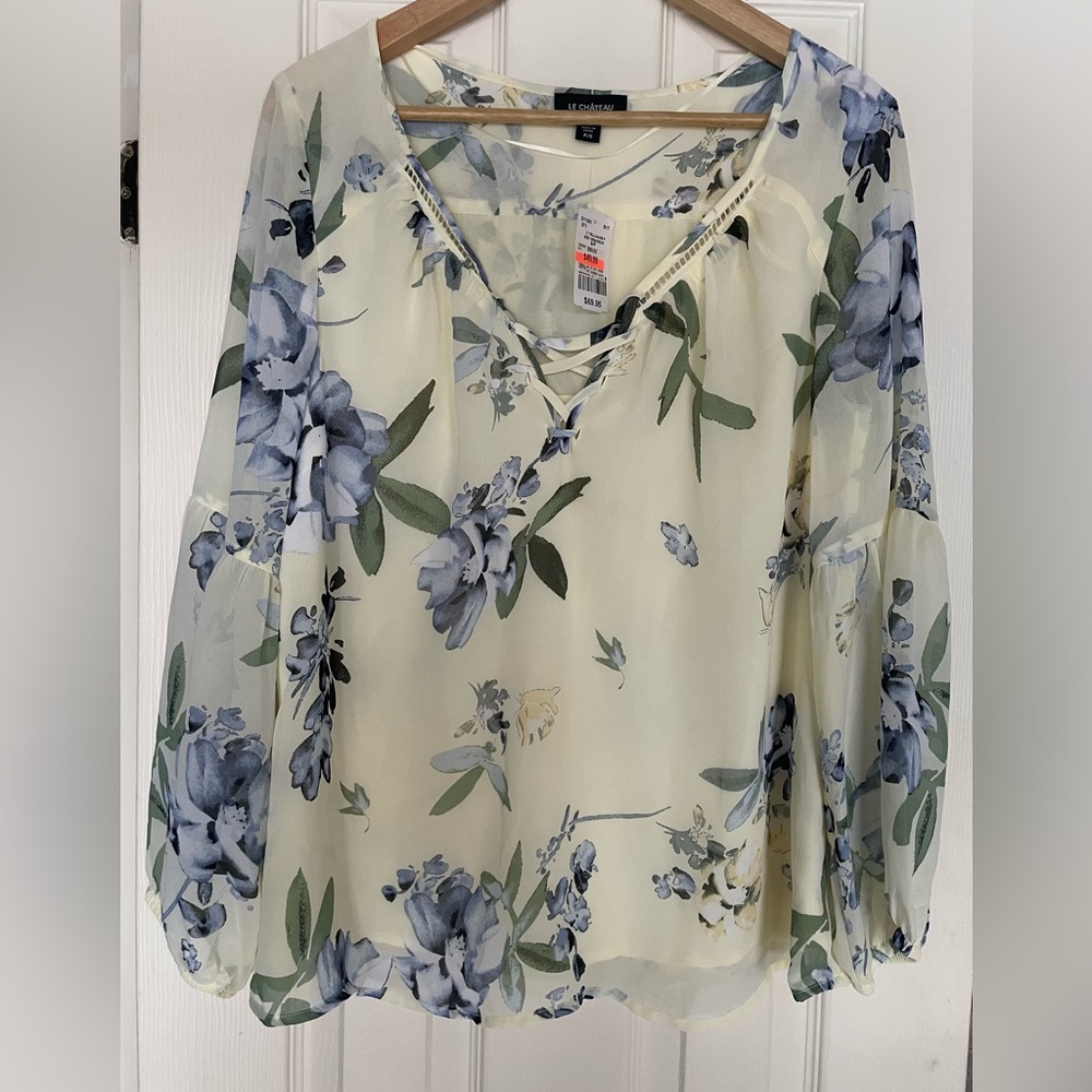Le Chateau Off-white and Blue Floral Peasant Blouse